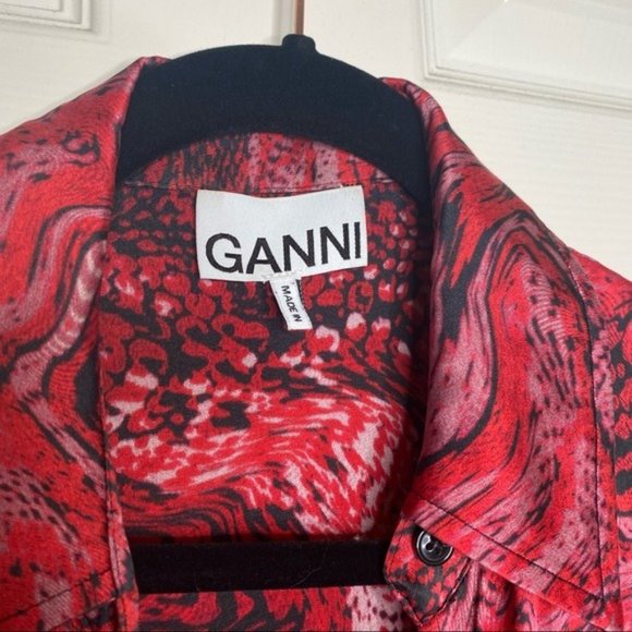 GANNI Printed Satin Long Sleeve Wrap Dress - Picture 4 of 9